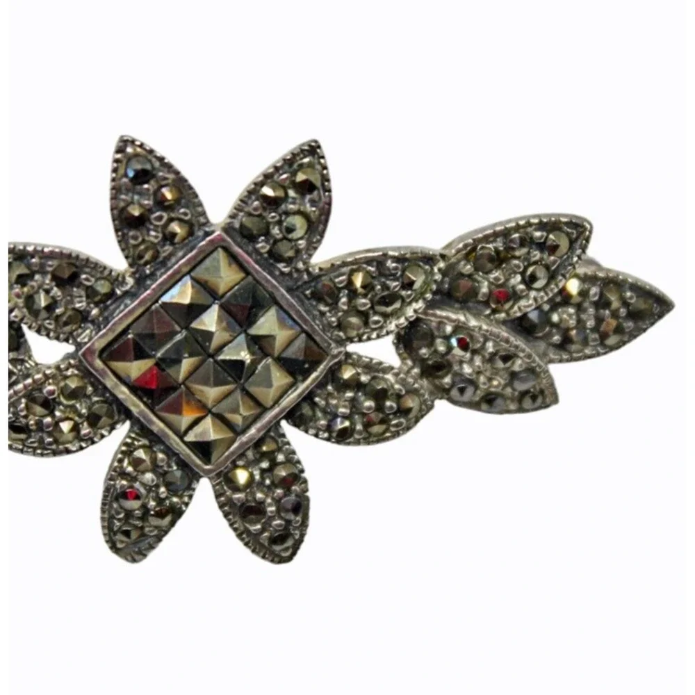 Vintage Marcasite Pin Brooch Deco Style Floral Leaf Motif 2.25
